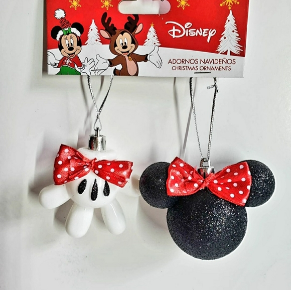Disney Minnie Mouse Christmas Tree Ornaments Set Of 2pz Head and Glove with Bow - Picture 2 of 4